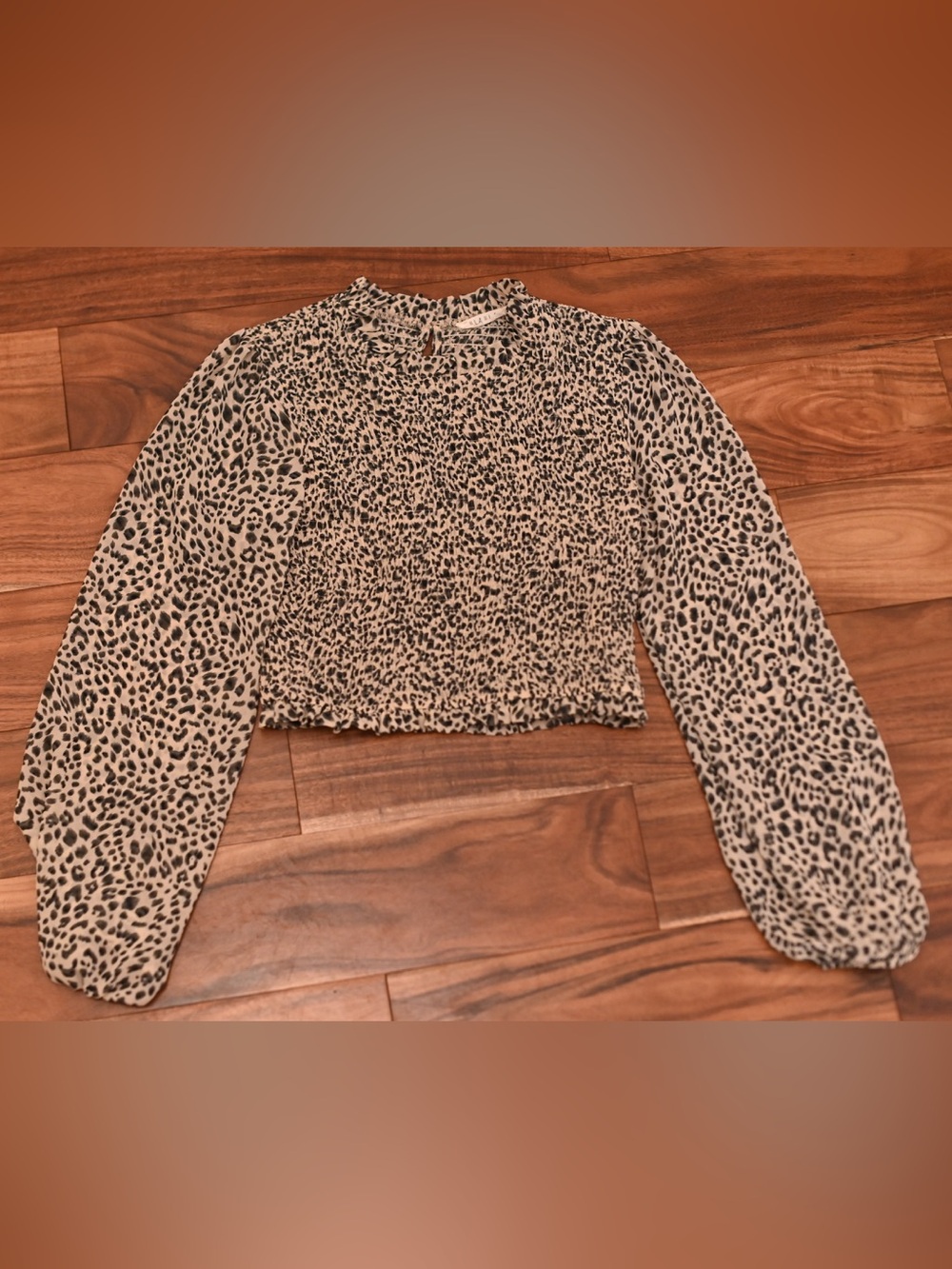 Leopard Print Smocked Long-Sleeve Blouse